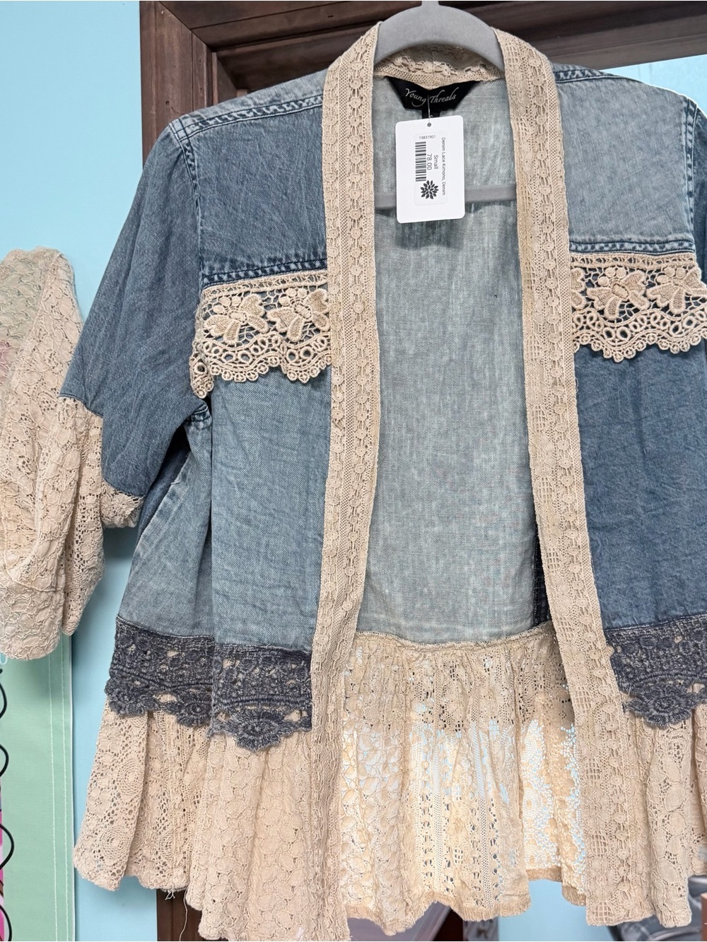Young Threads Blue Denim Jacket with Beige Lace Trim